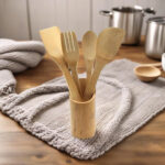 Set de 5 ustensiles de cuisine + Pot - 100% Bois Bambou