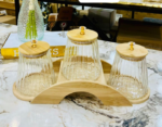 Set de 3 Boite de Rangement en Verre Strié avec Support en Bois