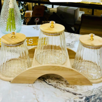 Set de 3 Boite de Rangement en Verre Strié avec Support en Bois